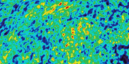 Details of part of the WMAP CBR temperature variation pattern; the blues to reds range over only a few millions of a degree Kelvin.